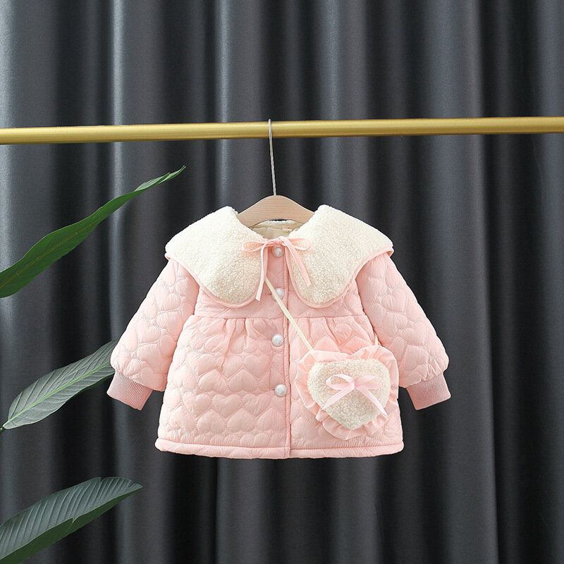 2pcs Winter Baby Girls Cotton Coat Fashion Doll Collar Children Clothes Set Overalls Warm Toddler Jacket Kids Costume Send Bag