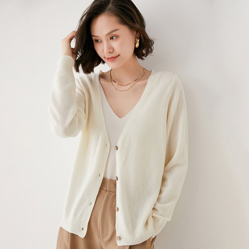 Casaco de lã feminino primavera e verão novo temperamento all-match 100% lã camisola tendência com decote em v high-end solto manga comprida