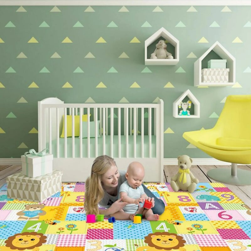 Kids Cute Cartoon Foldable Play Mat High Resilience Crawling Mat with Carry Bag for Baby Toddlers Play Room Floor 180x100cm