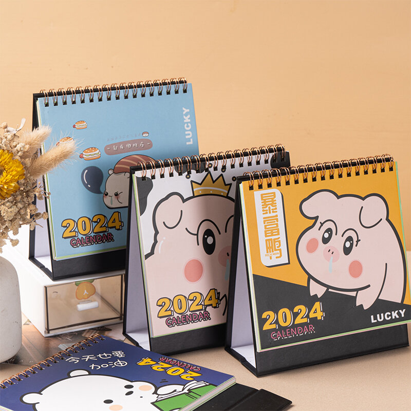 Mini Calendario de escritorio con tapa de pie de animales de dibujos animados lindos, planificación diaria mensual para la decoración del escritorio del hogar, 2024
