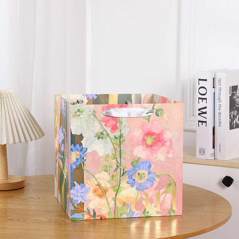Valentine'S Day Gift Wrapping Bags Oil Painting Flower Kraft Paper Bags Wedding Birthday Gift Bag With Handle Party Supplies
