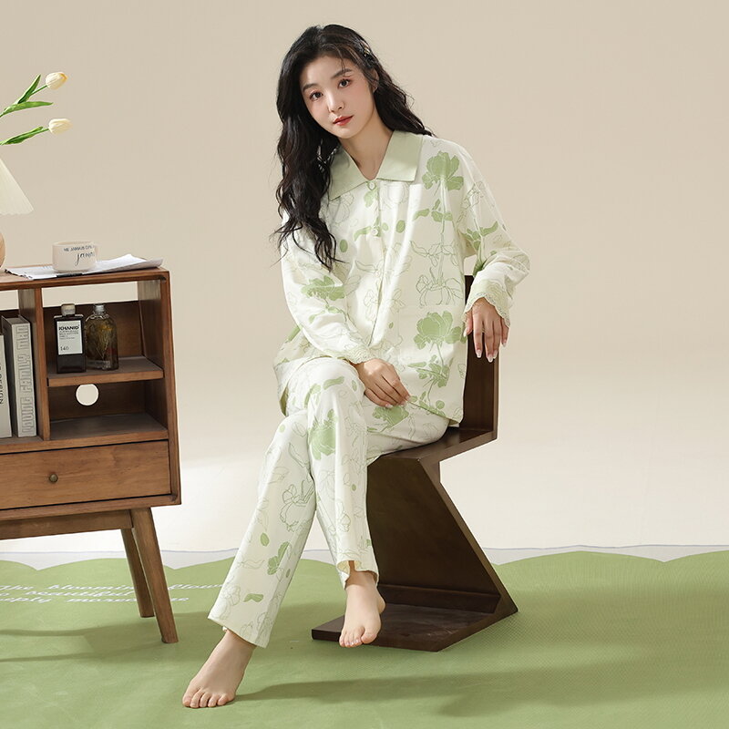 Hoge Kwaliteit Lente En Herfst Dames Pyjama Set 100% Cotoon Pyjama Dames Turn-Down Kraag Lange Mouw Bloemen Homewear