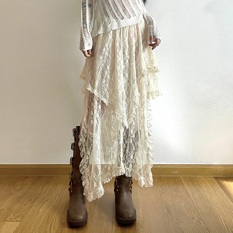 Kobiety Vintage Sexy See Through Ruffle Lace Asymmetrical Fairy Midi Skirts 2024 Summer Female Solid High Waist Y2K Harajuku Skirt