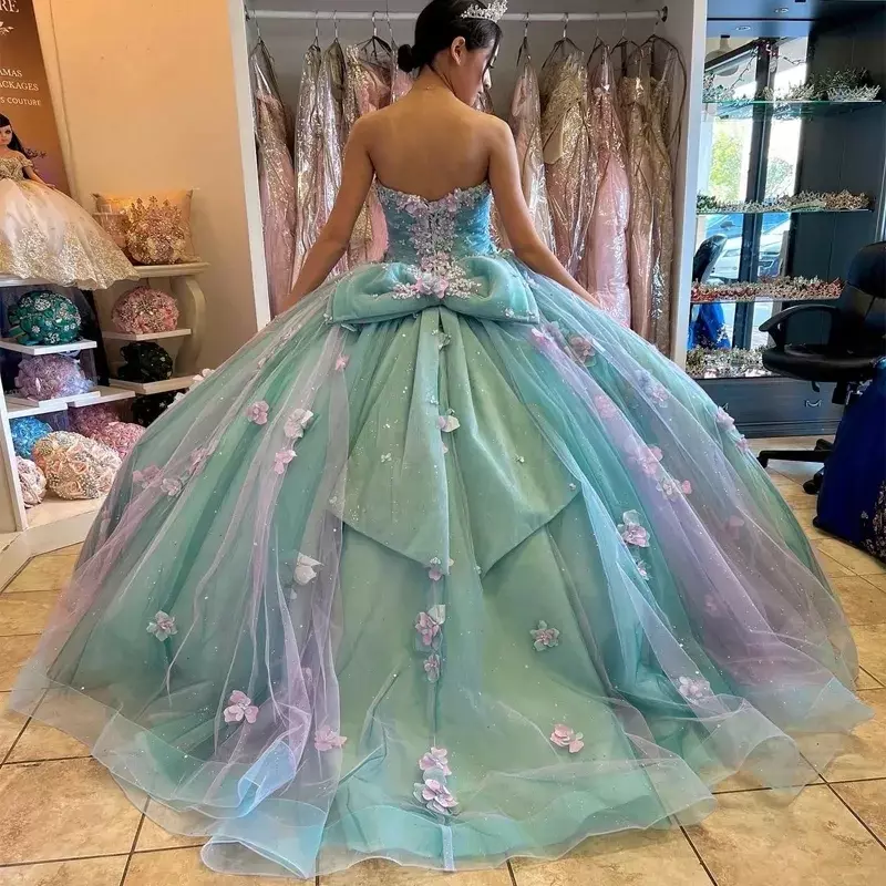 Vestido de baile de quinceañera con lazo grande, vestido de fiesta de cumpleaños de princesa con cuentas de flores en 3D, encantador, 15 años