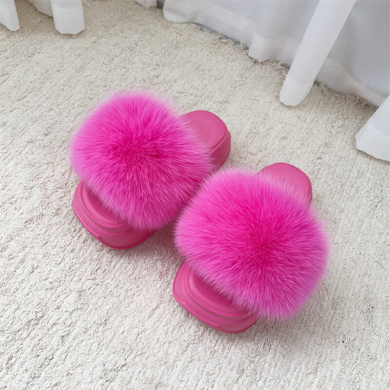 PVC  Luxury Real Fur Raccoon Brown Teddy Fur Slides  Fox Big Size Home Fur Slippers For Women And Girls