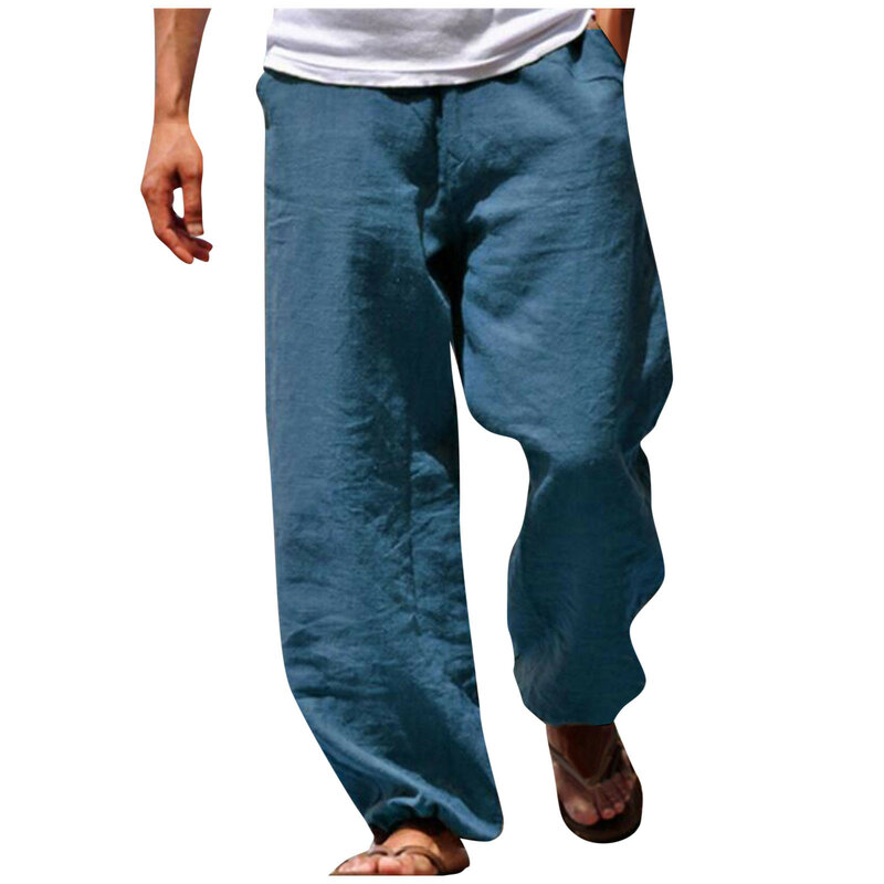 Celana olahraga katun Linen pria, celana olahraga lari gym pria kasual ukuran besar bernapas