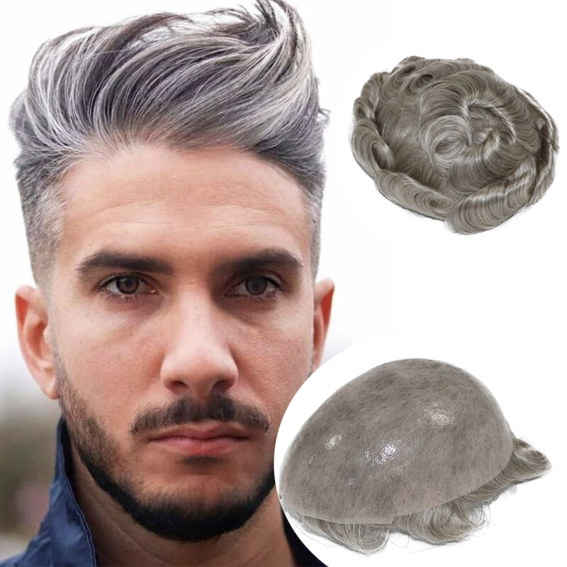 Top Quality Gery Human Hair Men Toupees Platinum Blonde Europen Full PU Pieces Super Durable Thin Skin System V Loop Microskin