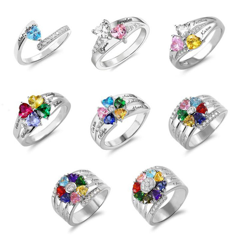 Spersonalizowane nazwy dzieci pierścień z Birthstone posrebrzany kolor pierścień dzień matki biżuteria prezent