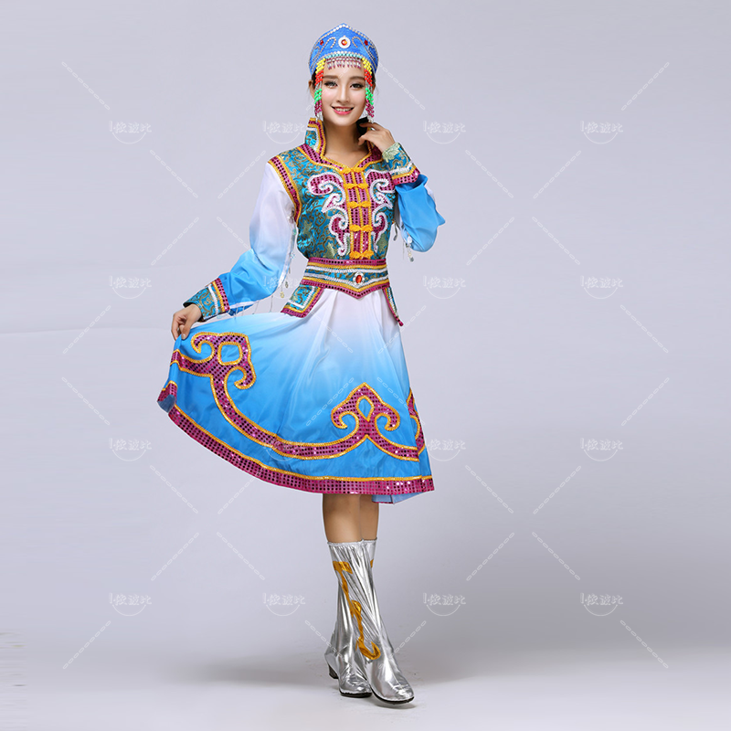عرض ملابس منغولية للنساء ، أداء رقص مربع الأقلية العرقية ، خدمة الرقص ، فستان مسرح للكبار ، تنورة بندول