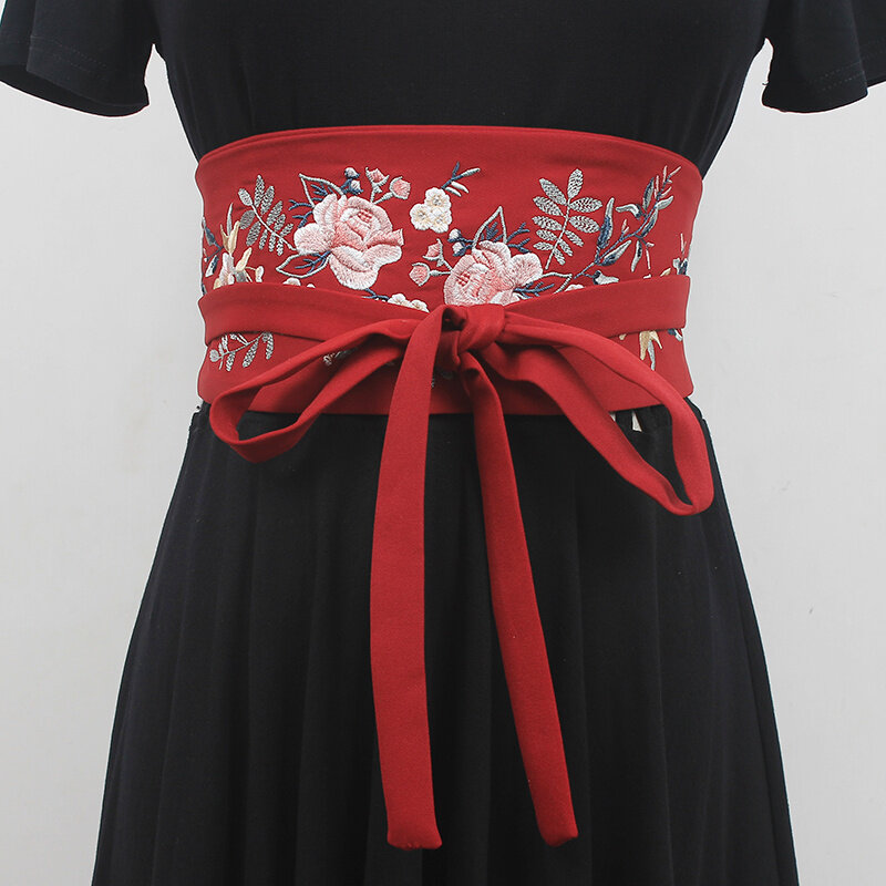 Retro Chinese Style Women's Wide Waistband Beautiful Embroidery Adjustable High-End Dress Belt Japanese Kimono Obi