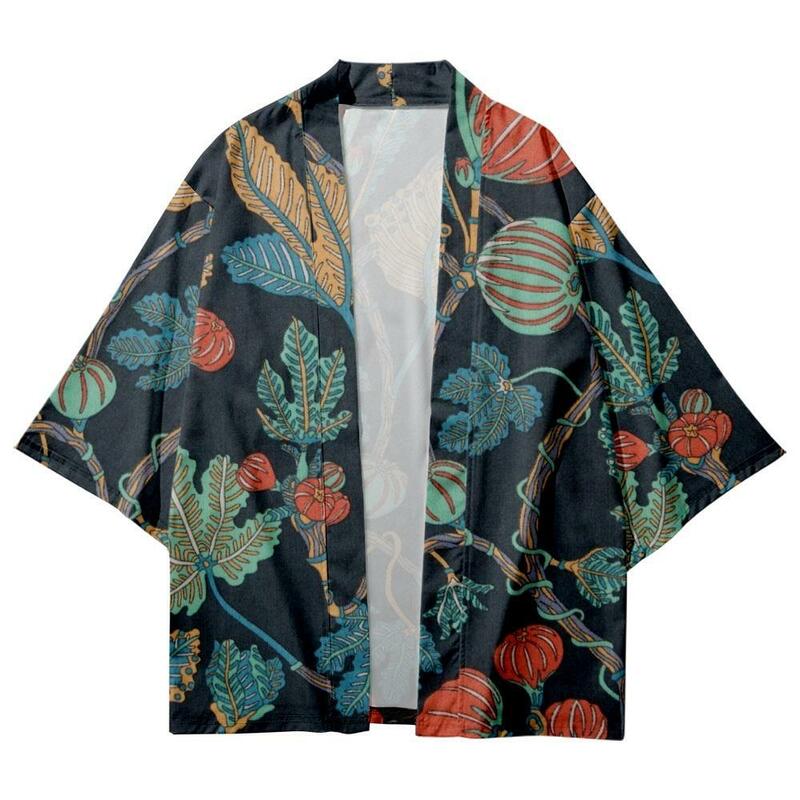 심플 플로랄 프린트 남성 여성 기모노 비치 쇼츠 스트리트웨어 루즈 일본 셔츠, 하오리 카디건 코스프레 유캣