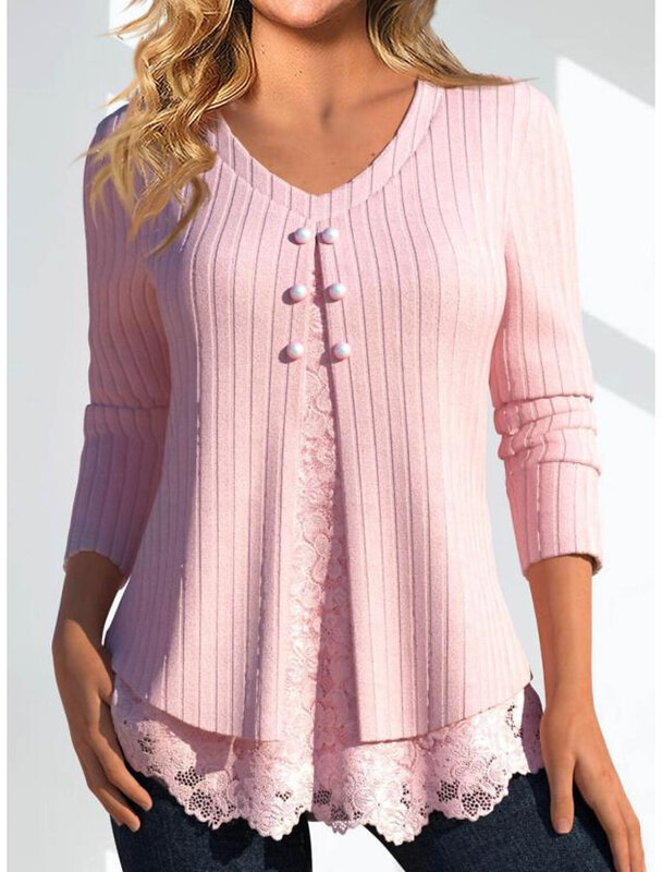 Plus Size Women Long Sleeve V-neck Solid Button Lace Tops