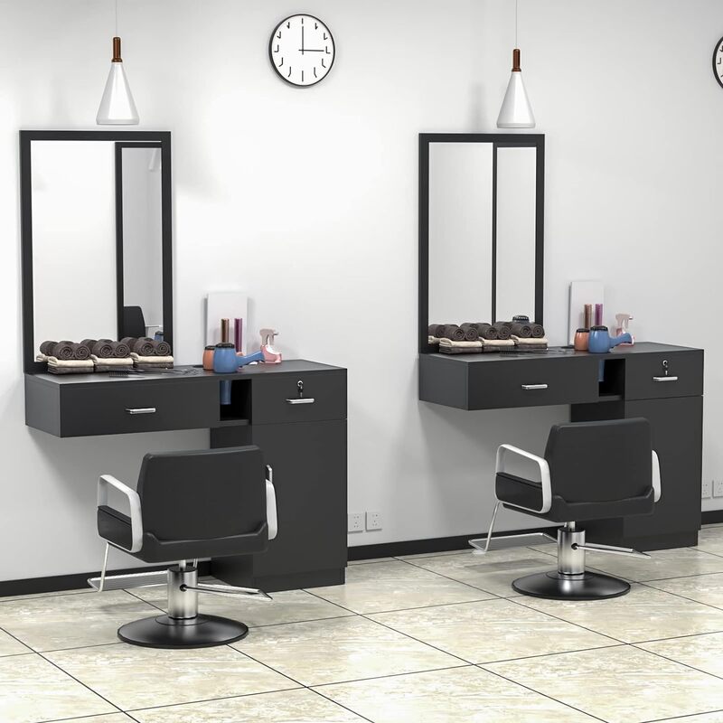 Stazione del salone del barbiere con montaggio a parete di baddie, Set di attrezzature per parrucchieri con supporti per elettrodomestici/cassetti con serratura/conservazione Ca