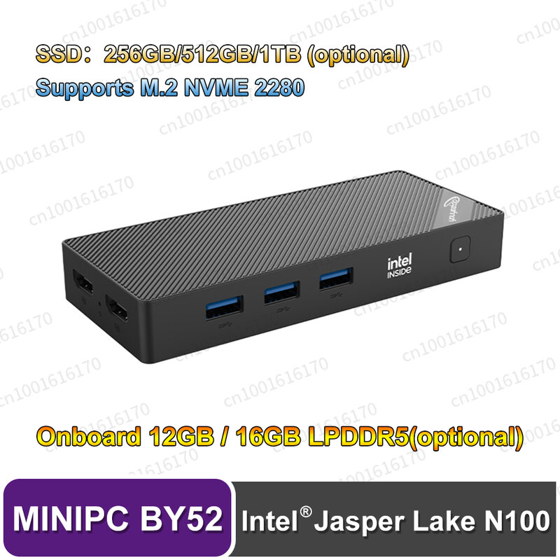 Youyeetoo-Mini PC Intel Jasper Lake, BY52, Windows 11, Tela Dupla, Saída 4K, SSD de 1TB, Suporta M.2 NVME 2280, LPDDR5, N100, 12GB, 16GB