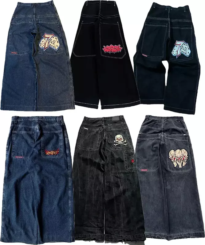 Retro Skull Pattern Embroidered Loose Jeans 2024 JNCO Jeans Y2K Harajuku Black Pants Men's and Women's Gothic High Waist Pants
