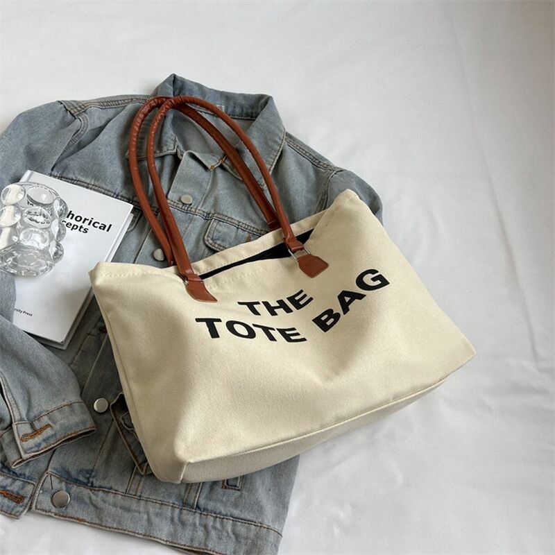 Bolso de hombro con estampado literario para mujer, bolsa de lona coreana con letras de cuero PU de gran capacidad para estudiantes