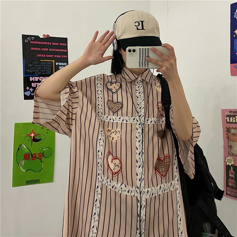 Túnica de moda coreana para mujer, camisa Retro con estampado de rayas de amor, suéteres de moda, camisas de gran tamaño, Tops de verano para mujer 2024