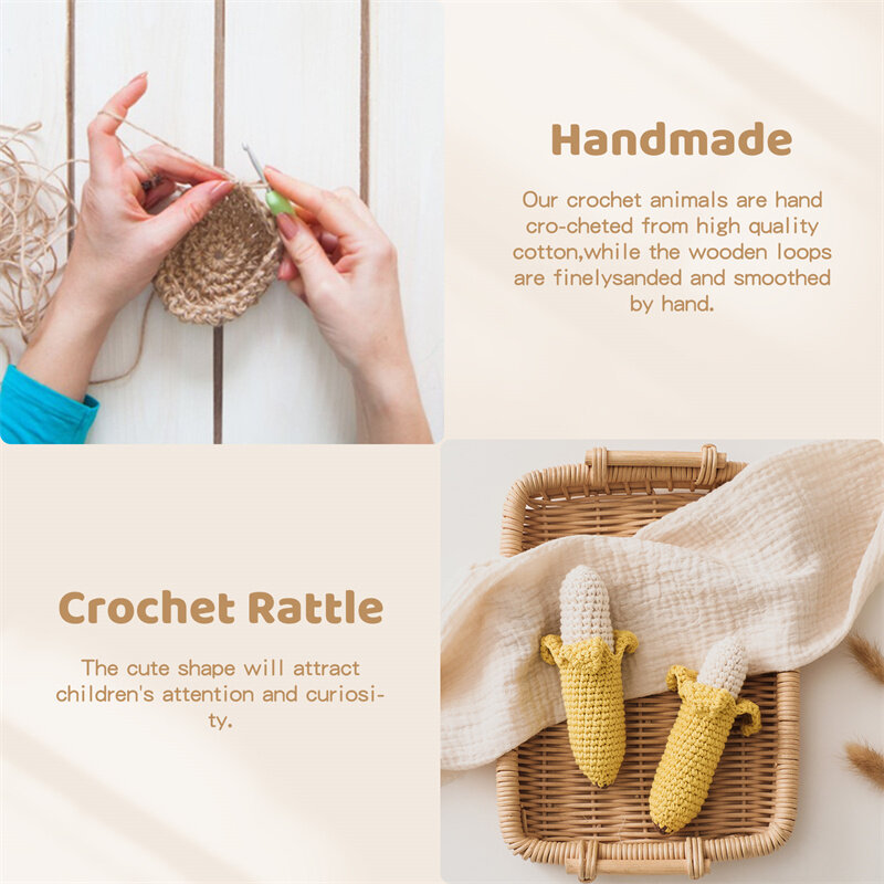 1pc Baby Crochet Rattles Fruits Lemon Rattle Toy Wood Ring Baby Teether Rodent Infant Gym Mobile Rattles Newborn Educational Toy