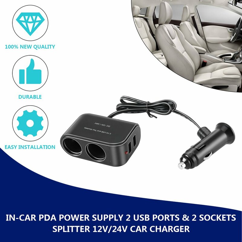 Universal 2 Way Car Isqueiro + Interruptor de Luz LED, Auto divisor soquete, carregador, USB, 12V, 24V, venda quente, adaptador de isqueiro do veículo