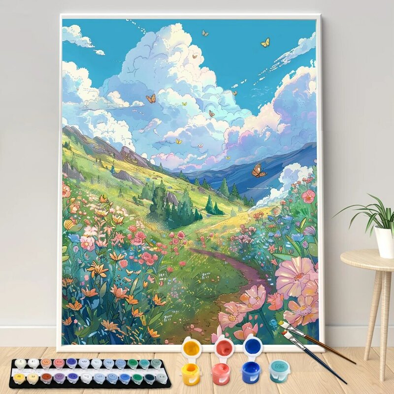 Hand Painting Landscape Daisies On The Mountain Acrylic Painting By Numbers Kit DIY Artwork Canva Art GiftHome Decoration Gift