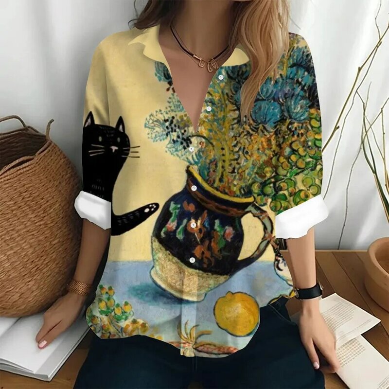 Женские рубашки и блузки, рубашки в стиле ретро с принтом кошек, Повседневная модная Базовая рубашка, летние женские свободные блузки с длинным рукавом