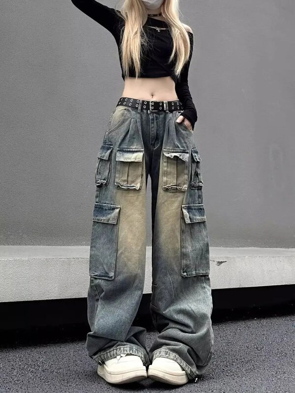 American JC-Calça Jeans Feminina Multi Bolso de Cintura Alta, Lavada Calças de Perna Larga, Moda Rua Baggy, y2k, Americana