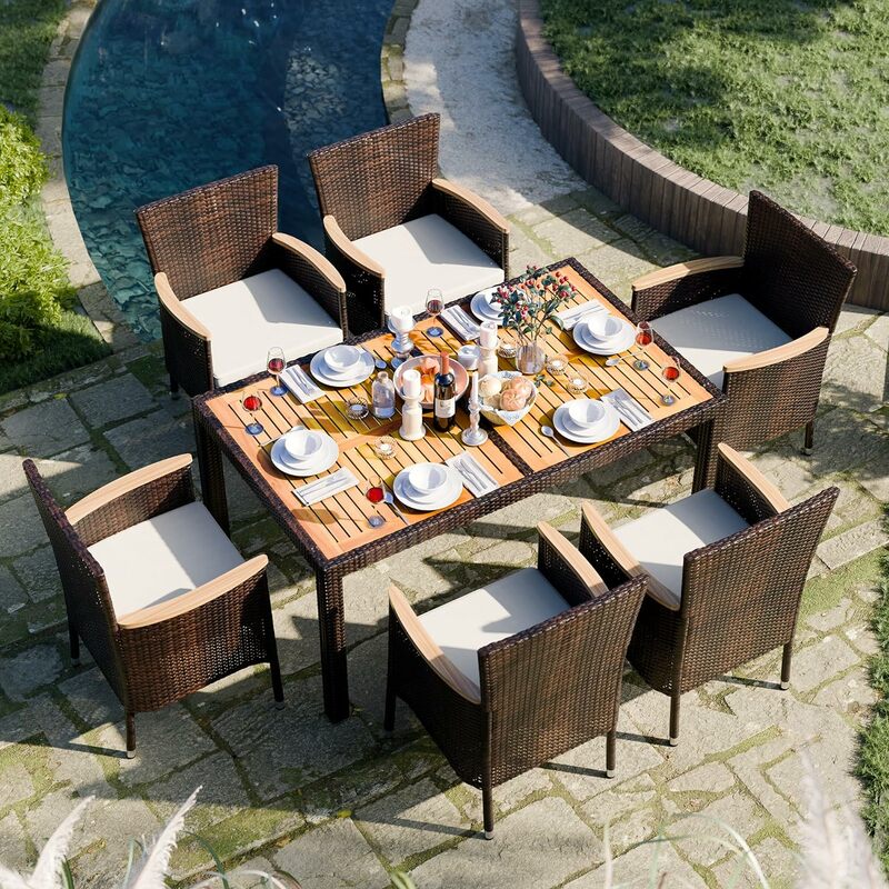 Set da pranzo per Patio esterno, Set di mobili in vimini con tavolo in legno e 4 sedie con morbidi cuscini per cortile, giardino, veranda e bordo piscina