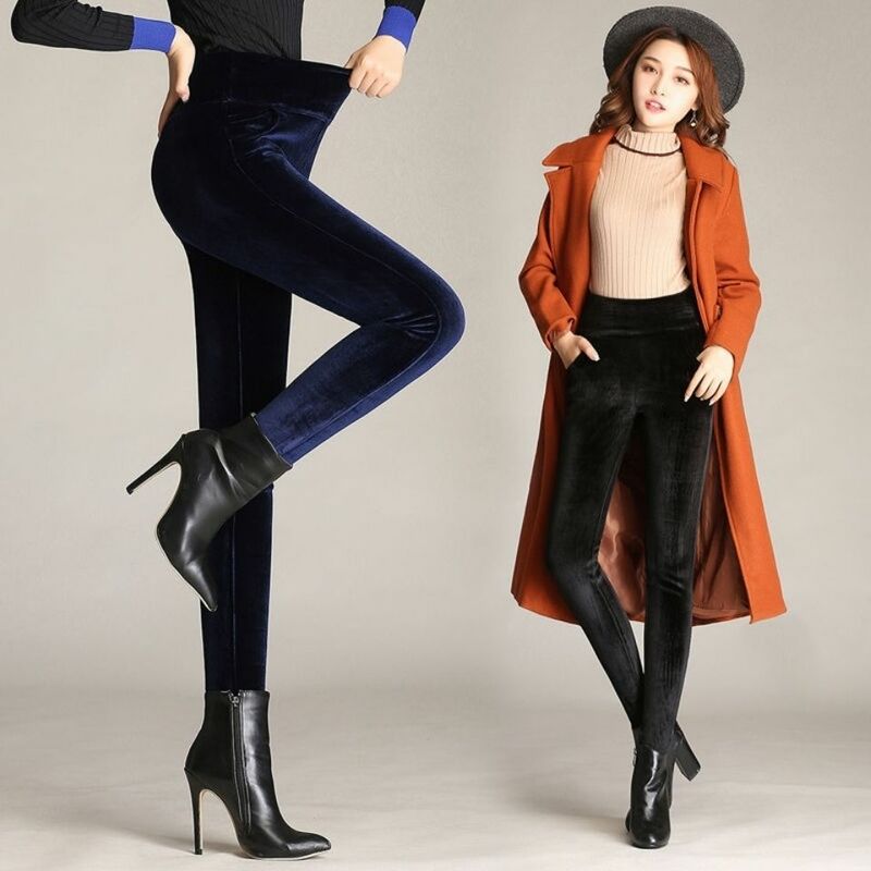 Wanita Kantor Pleuche Celana Pensil Ramping Dua Sisi Plus Bulu Domba Pakaian Wanita Musim Gugur Musim Dingin Celana Panjang Kasual Mode Solid Pinggang Tinggi