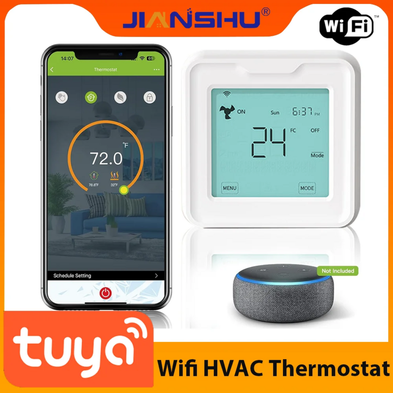 Jianshu Tuya Smart AC Thermostat WiFi,Alexa Google Ready,Touchscreen 7Day Programmable Thermostat HVAC,Heat Pump,Air Conditioner