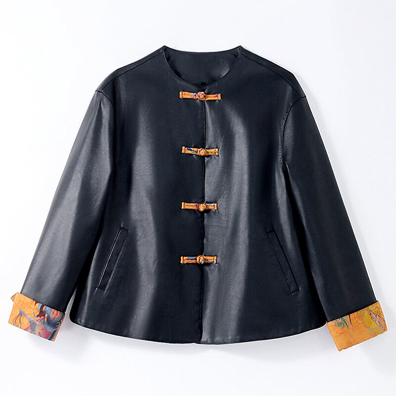 Nuova giacca di pelle in stile cinese da donna Primavera Autunno Moda Patchwork Design O-Neck Single Breasted Cappotto corto Pelle spaccata