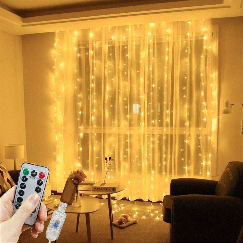 8 modalità LED luci stringa tenda USB con lampada ghirlanda vacanza fata a distanza per la decorazione del giardino della stanza delle nozze della festa di natale