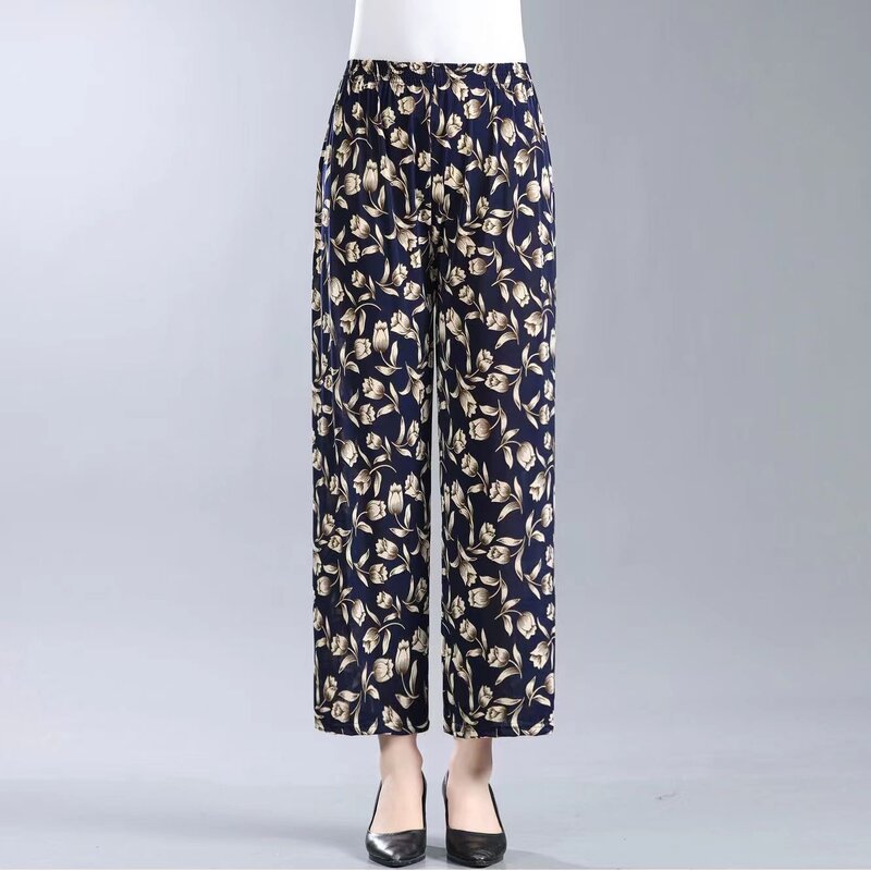 2023 Summer Middle-aged And Elderly Women's Pants Loose Floral Printed Pants Elastic High Waist Straight Cropped Pants