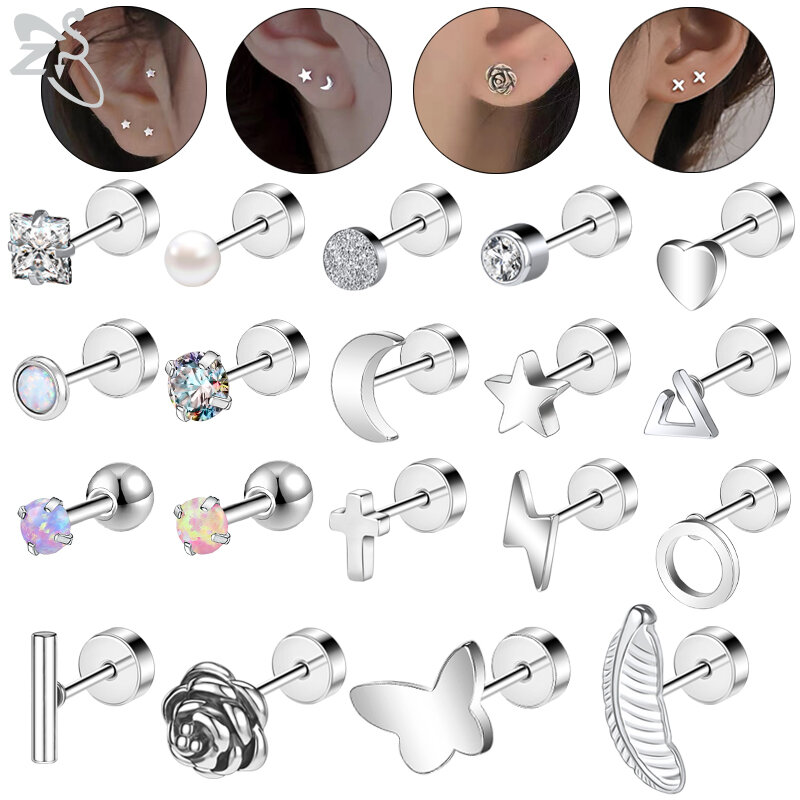 ZS 2pcs/lot 20G Star Heart Butterfly Stud Earring for Women Stainless Steel Crystal Earring Ear Cartilage Helix Tragus Piercing
