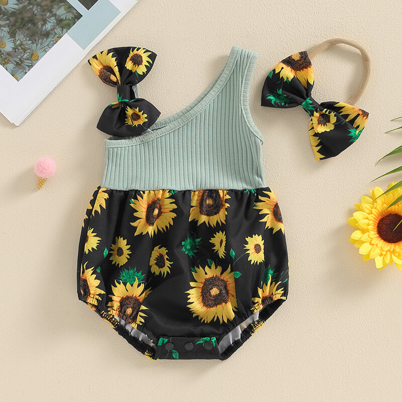 Visgogo Baby Mädchen Sommer Stram pler Sonnenblumen Print ärmellosen Overall und Stirnband Set niedlichen Mode Kleidung Outfits