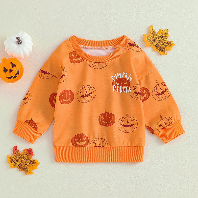 Toddler Baby Boys Girl Halloween Sweatshirts Orange Long Sleeve Letter Pumpkin Print Pullover Crew Neck Tops