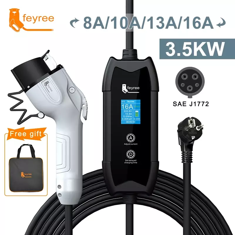 feyree EV Portable Charger Type2 / GB/T Plug Connector 16A 1Phase 3.5KW Type1 3.5m Wallbox Charging Station for Electric Vehicle