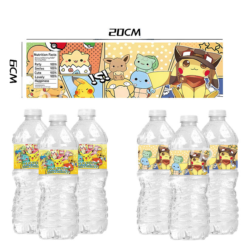 Pokemon pikachu adesivos, etiqueta garrafa de água, decoração do partido, aniversário, baby shower, impermeável, proteção solar, 20pcs