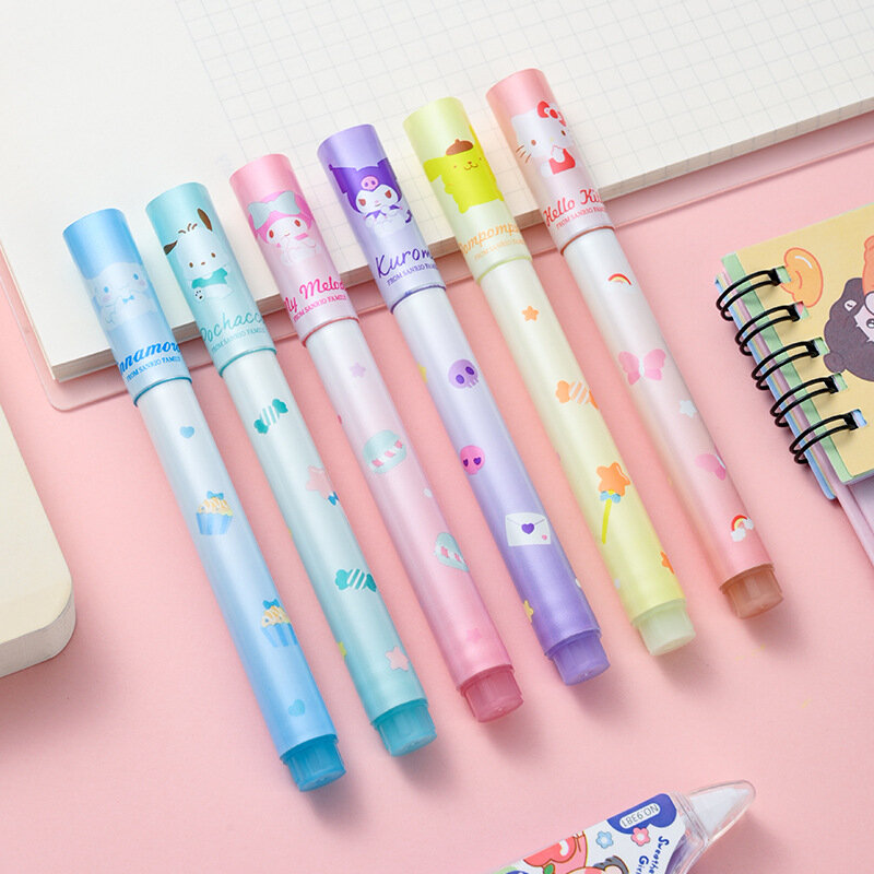 Sanrio Hello Kitty Highlighter Pen Set, Kuromi Kawaii, Melodia, Arte Cinnamoroll, Marcadores Fluorescentes, Escola e Escritório Papelaria, 6Pcs