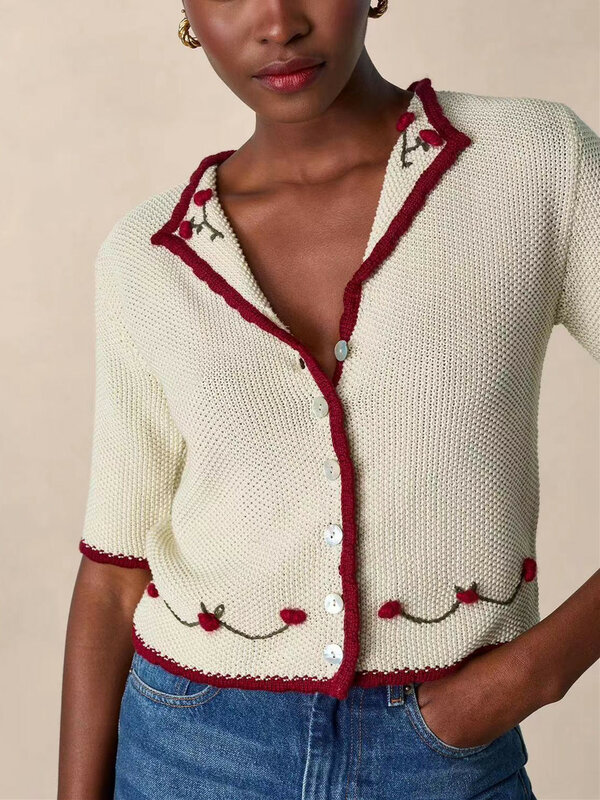 Suéter de punto de media manga con flores bordadas para mujer, cárdigan informal de algodón con una sola botonadura, cuello vuelto Delgado, Top