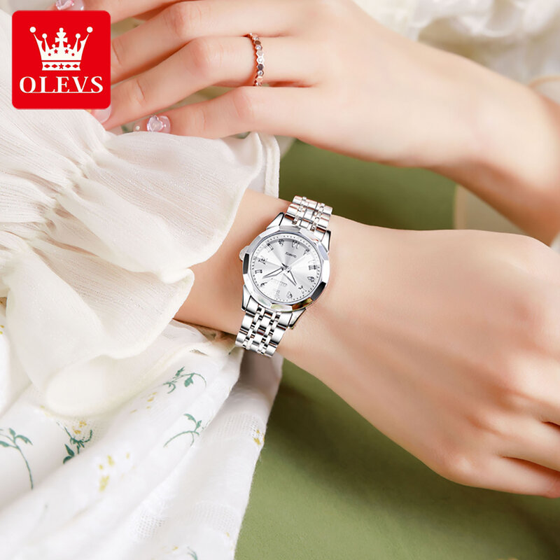 OLEVS jam tangan wanita Quartz antiair, tali baja tahan karat gaya elegan, cermin Rhombus, asli, jam tangan wanita 9931