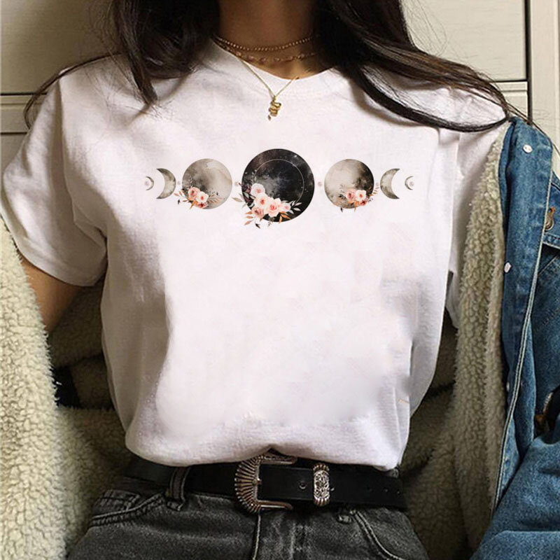 Fashion Women T Shirt Moon Watercolor Floral Art Printed Tops Female Short Sleeve T-shirt 90s Girl Ladies Cute Graphic Tee Shirt