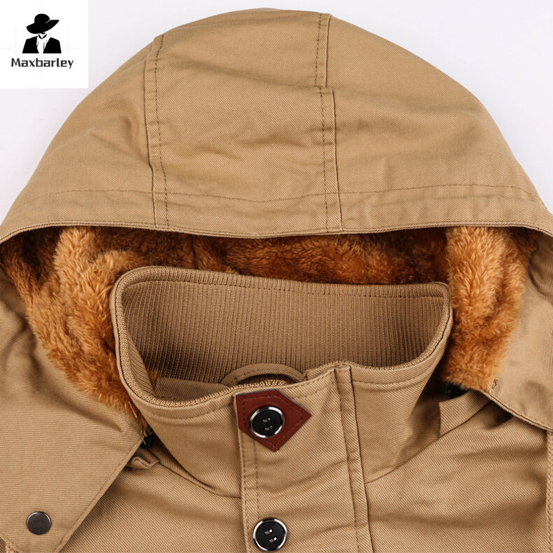 2024 Winter Warm Jacket Men's Retro Casual Thickened Fleece Parka Retro Tactical Windproof Hooded Coat Men's New Work Clothes