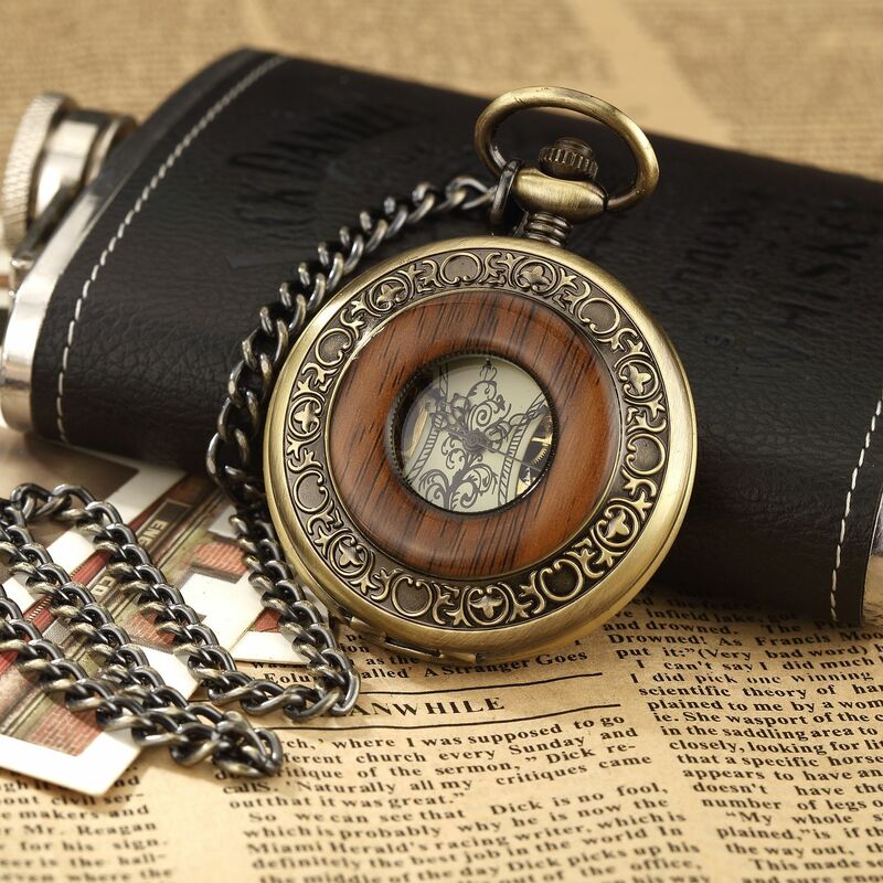 جديد Vintage دائرة الخشب البرونزية سبيكة Steampunk الهيكل العظمي اليد لف الميكانيكية ساعة الجيب الأرقام الرومانية سلسلة قلادة ساعة