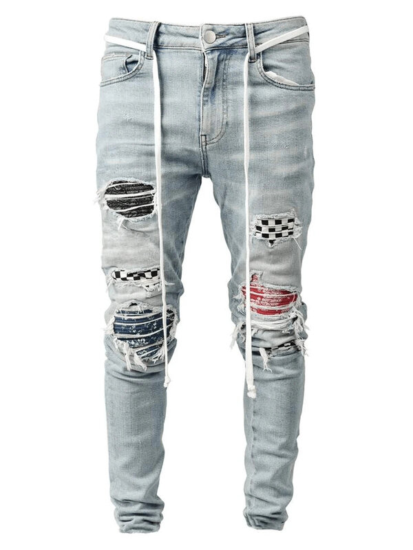 Jeans afligido slim fit masculino, calças jeans, jeans, novo