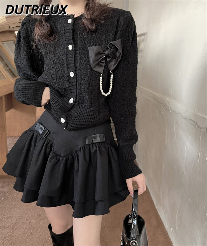 Oversize francuski styl słodkie dziewczęce bufiaste krótkie spódniczki damskie jesienno-zimowe czarne odchudzające plisowane krótka spódniczka
