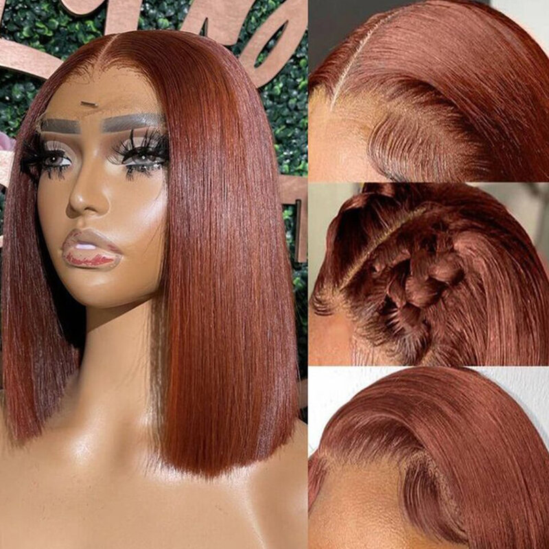 Reddish Brown Bob Wig Human Hair 13x4 Frontal Lace Wig Short Bob Wig 180 Density #4 Red Human Hair Wigs for Women Pre Plucked