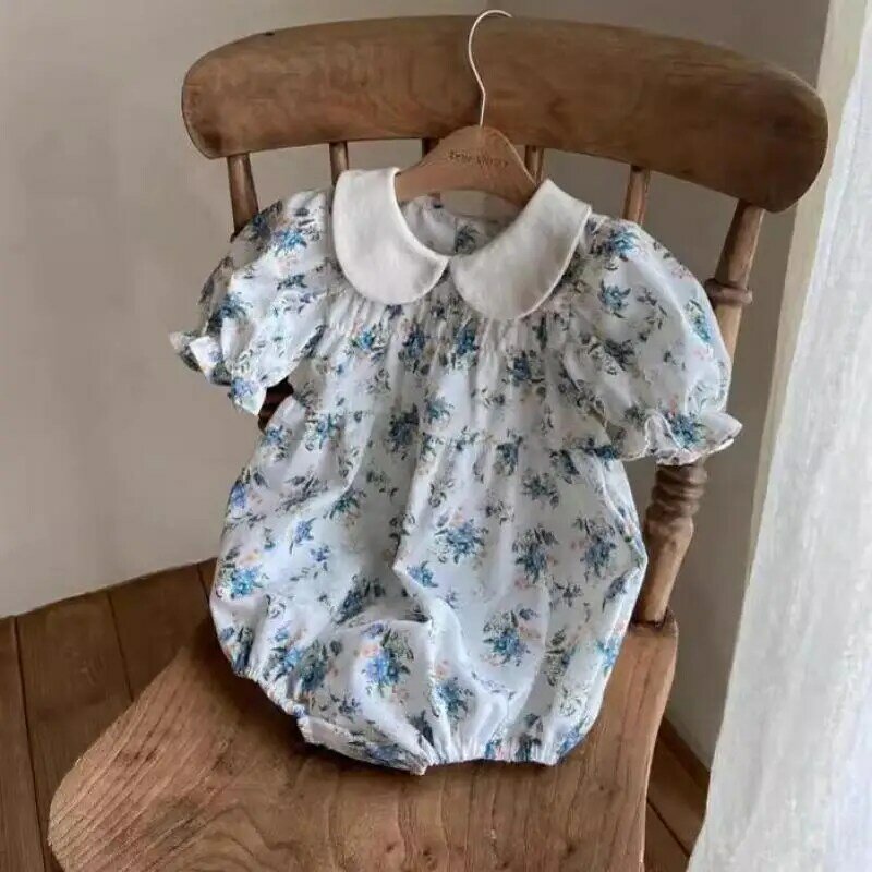 Summer Boy Baby Plaid Lapel Short Sleeves Casual Bodysuit Girls Infant Fashion Floral Print Thin Cotton Onesie Newborn Clothes