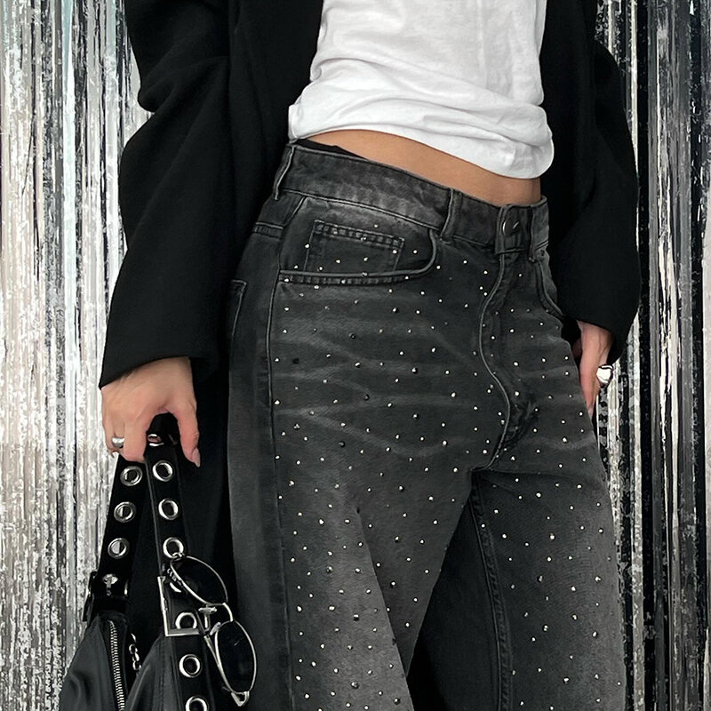 BIIKPIIK Базовые Женские джинсы со стразами модные серые потертые повседневные брюки универсальные прямые брюки лаконичная нижняя одежда для зимы