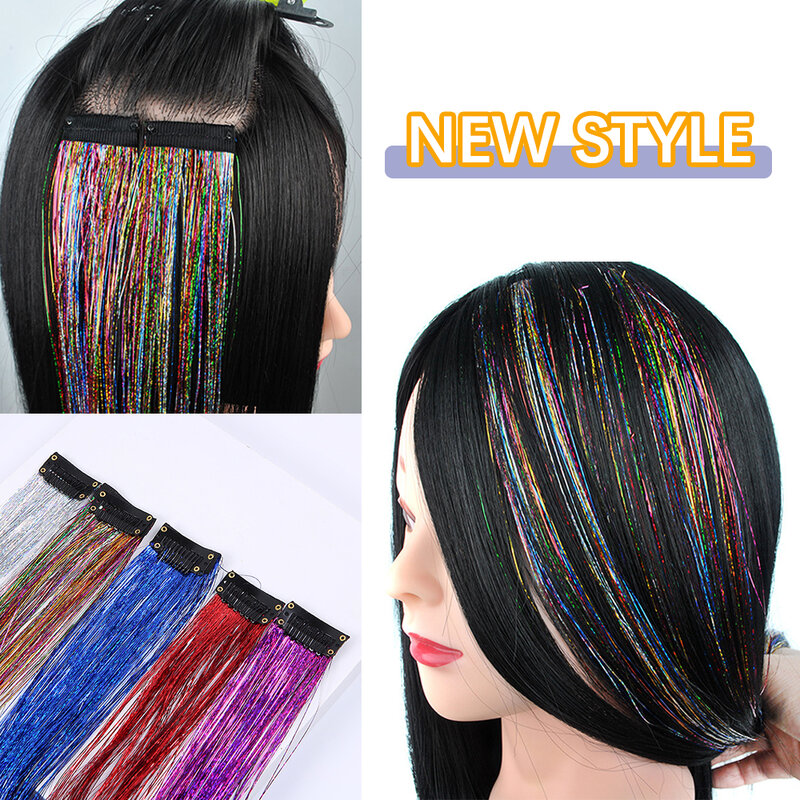 Sparkle Synthetic Clip In Hair Extension Holographic Glitter Colorful Laser Silk Party Hair Extensions Gold Silk Bing Hair