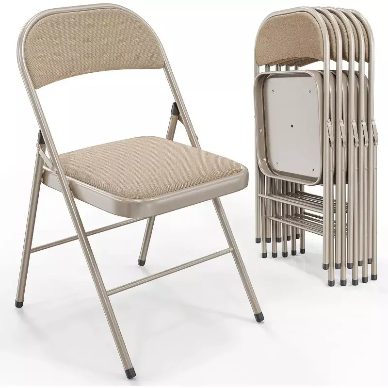 6 PC Folding Chairs with Padded Seats, Metal Frame with Fabric Seat & Back, Capacity 350 Lbs, Khaki, Set of 6